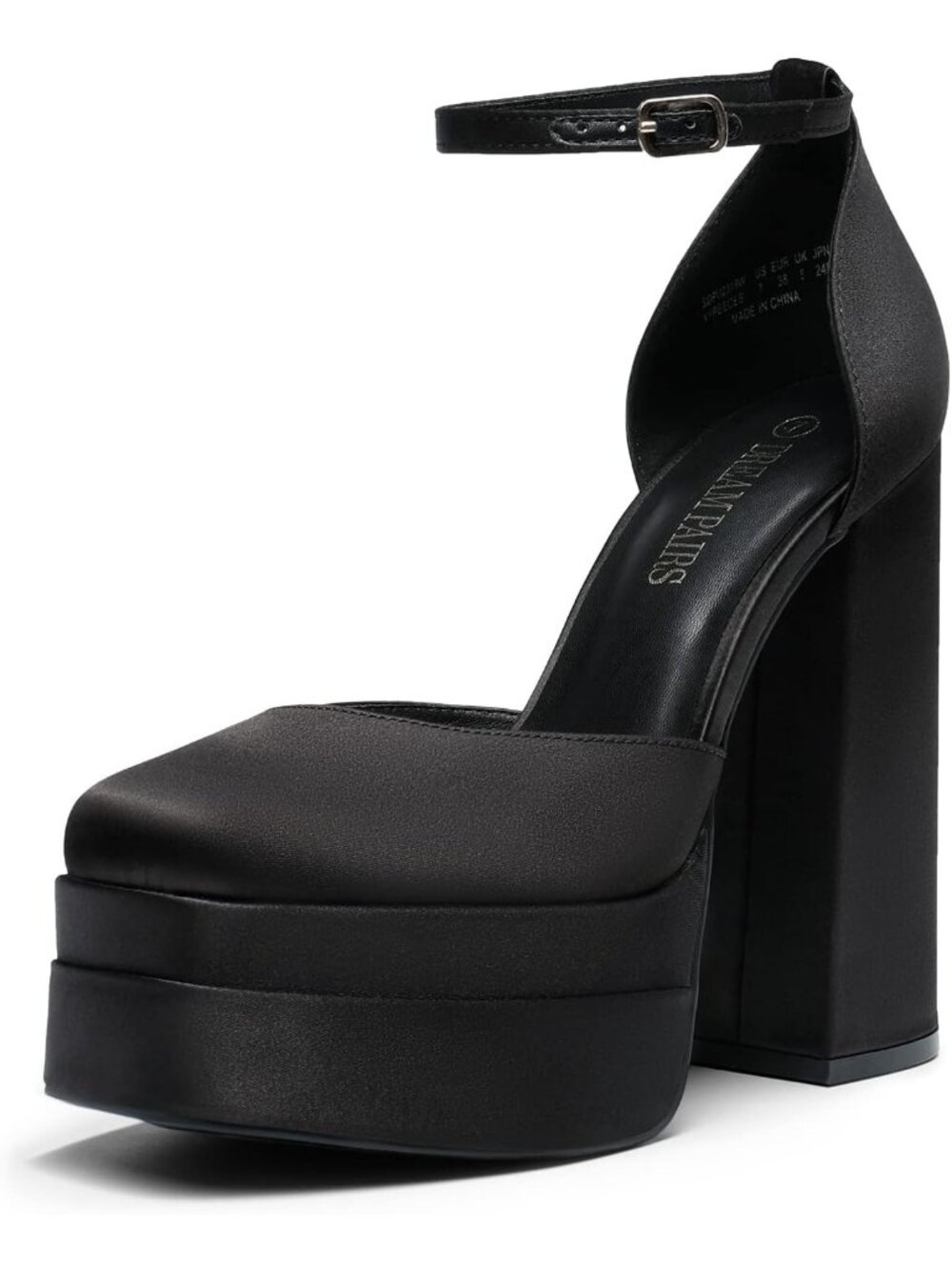 Women’s Black Satin High Chunky Platform Square Toe Ankle Strap Wedding Heel